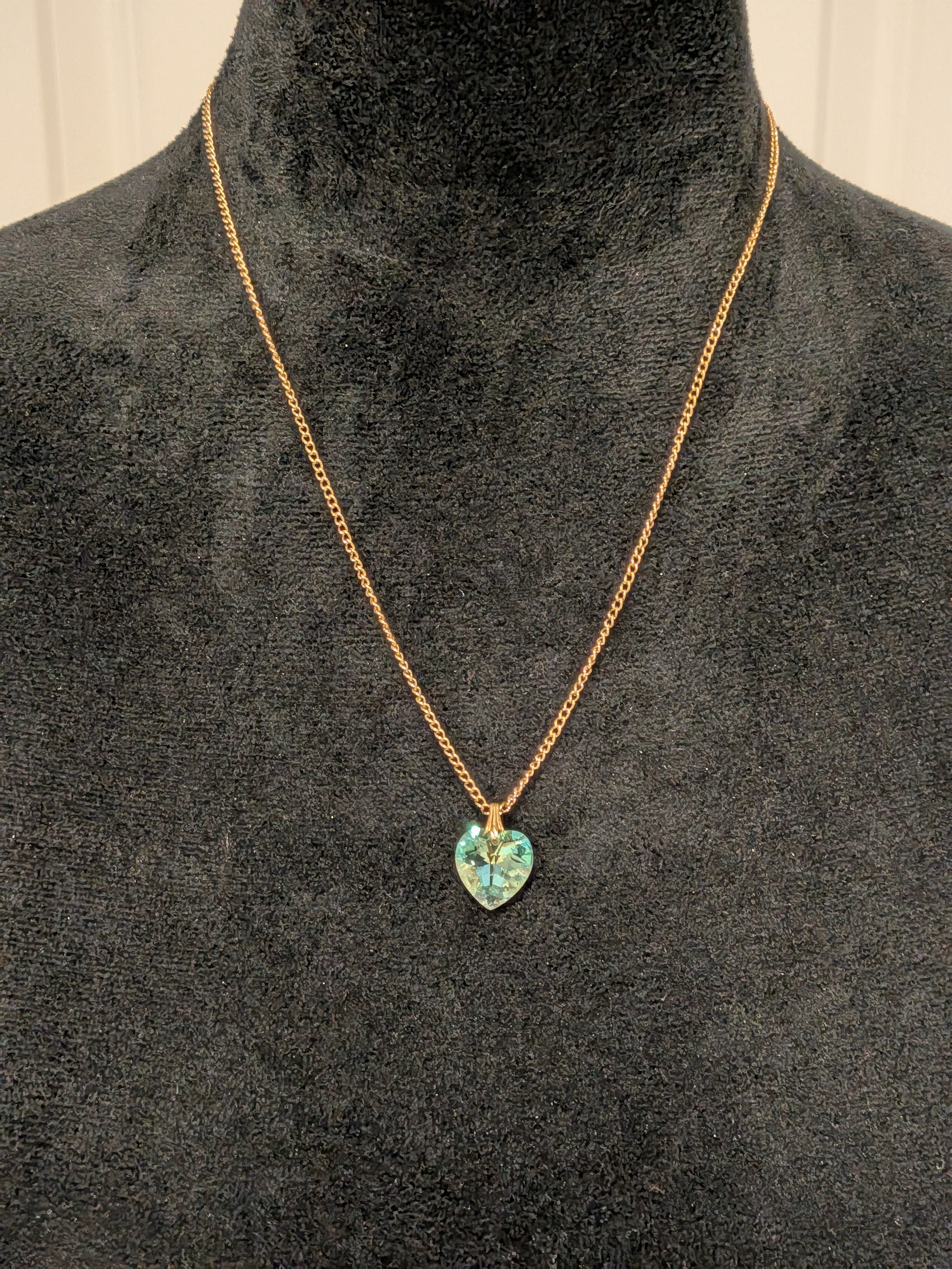 Vintage Sarah Coventry Gold Tone Chain Necklace 11" With Aqua Heart Pendant